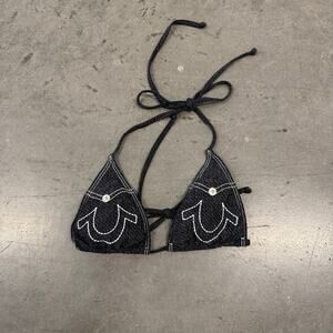 Vintage Y2K True Religion Embroidered Logo Triangle Grey Bikini Tie Swim Top S